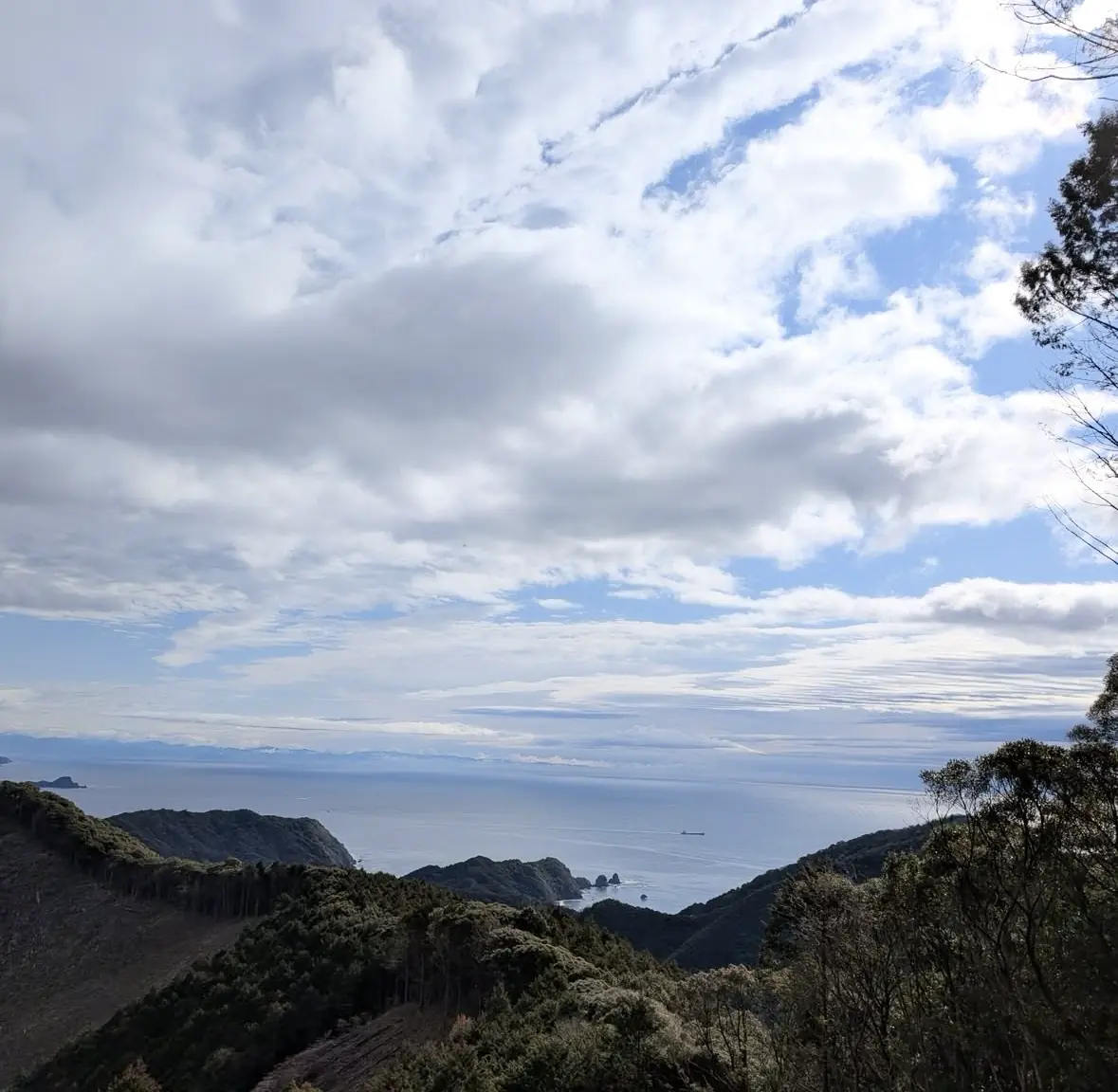 山の上から見た高知の海と山並み